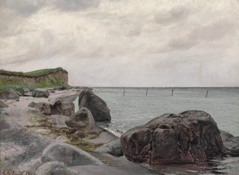 View From The Beach At Eno With Large Stones In The Foreground. In The Background The Sea. Bright Sky With Light Clouds