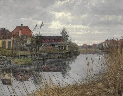 Utsikt från Koge med hus längs flodens stränder 1934