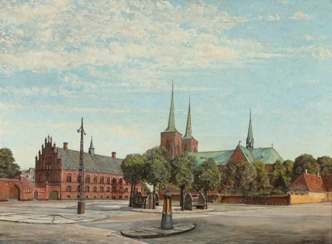 Blick Vom Platz In Roskilde Mit Dem Alten Rathaus Und Der Kathedrale