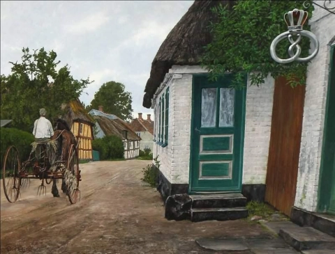 Village Scene With A Farmer Passing By The Local Bakery On His Harvester