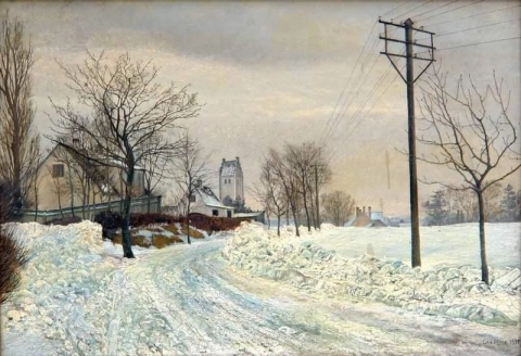 Wintermotiv mit Häusern und Kirche im Hintergrund