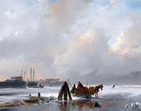 A Horse-drawn Sledge Near A Frozen Harbour