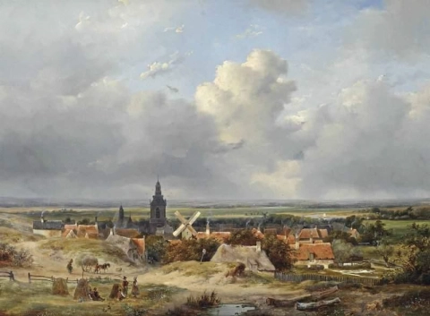 Panoraamanäkymä kylään dyynissä 1842