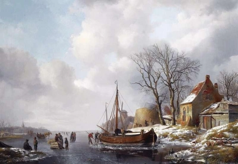 Eine Winterlandschaft mit Figuren neben einem Boot auf einer gefrorenen Wasserstraße