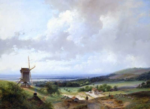 Pastores e um cavaleiro por A Mill Haarlem ao fundo, 1837