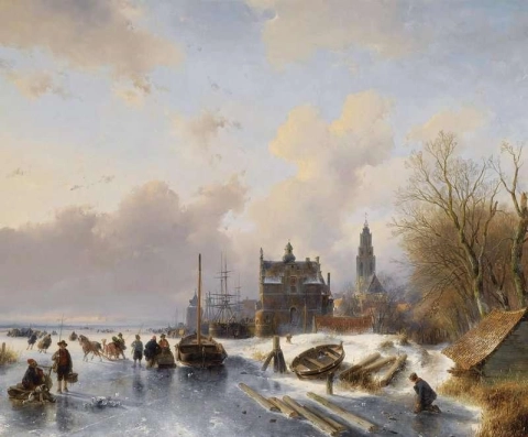 Skaters On A Frozen River Near A Dutch Town