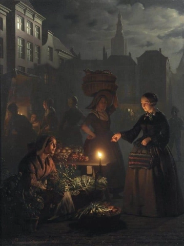 Een maanverlichte groentemarkt op de Grote Markt in Den Haag, 1855