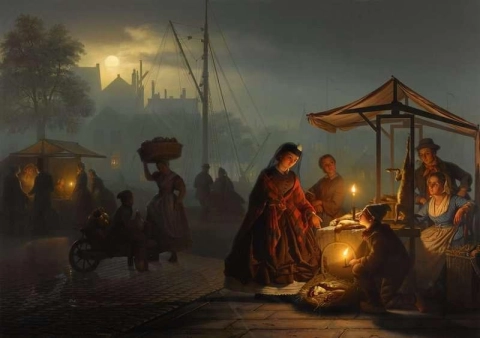 Mercado en Amsterdam a la luz de la luna 1866