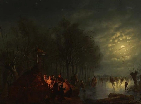 Skaters Near A Koek En Zopie In A Moonlit Landscape