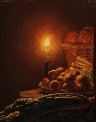 Still Life With Apples Spring Onions Chard And A Candle