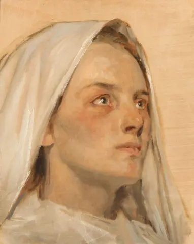 Young Woman With White Head Scarf Looking Up