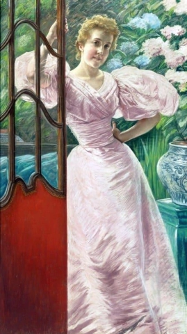 Portret van een jonge vrouw in een serre, 1895