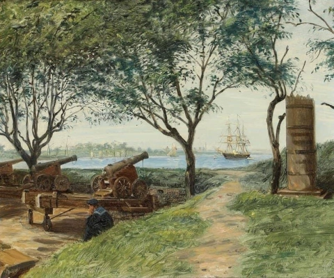 Vista desde Holmen en Copenhague con la batería Sixtus y el monumento al capitán Johan Chr. Schröder See