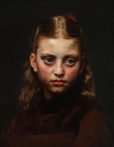 Portrett av en jente med langt blondt hår bundet med et rødt sløyfe 1882