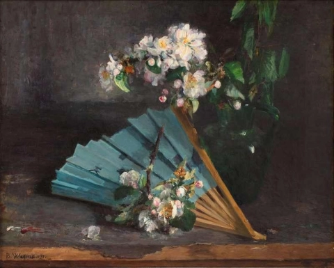 Blue Fan By A Green Jug With Flowering Apple Branch