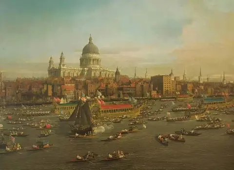 O Rio Tâmisa com a Catedral de São Paulo no Dia do Lorde Prefeito, detalhe da Catedral de São Paulo