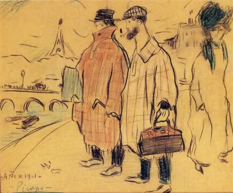 Pablo Picasso og Sebastìa Junyer-Vidal ankommer Paris