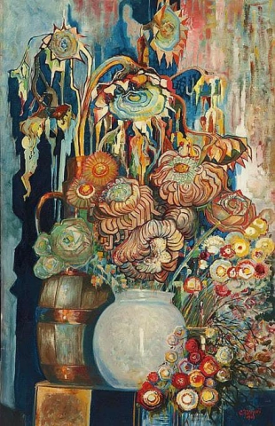 Chris Lanooij Sonnenblumen und Trockenblumen in Vase und Wanne 1919