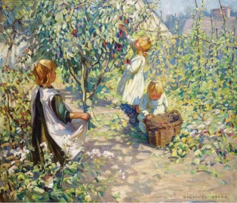 Dorothea Sharp, in de boomgaard, pruimen plukkend