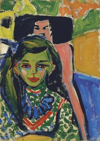 Ernst Ludwig Kirchner Franzi framför snidad stol 1910