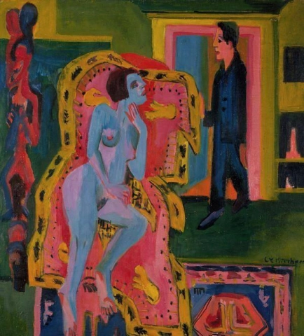 Ernst Ludwig Kirchner, Interior with a chaise longue and a man - 1924