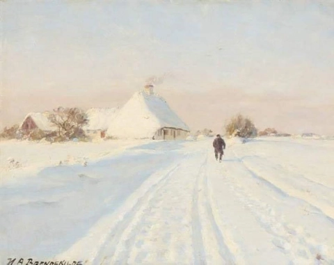 Hans Andersen Brendekilde Una strada di campagna che attraversa un paesaggio invernale