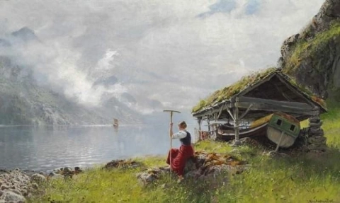 Hans Dahl, paisaje noruego con una mujer joven mirando el fiordo