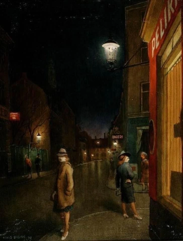 Harald Rudyard Engman Girls at Cafe Pelican på hörnet av St Peter Strait At Night 1939