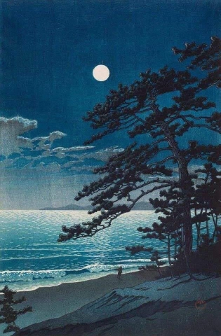 Hasui Kawase Luna primaverile alla spiaggia di Ninomiya 1932