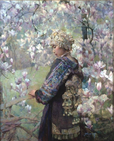 Ragazza himalayana con magnolie di Hong Nian Zhang in abito tradizionale - 1988