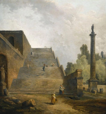 Hubert Robert Figures Walking Up A Monumental Staircase