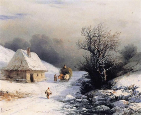 Ivan Aivazovsky Kleine Russische ossenkar in de winter 1866