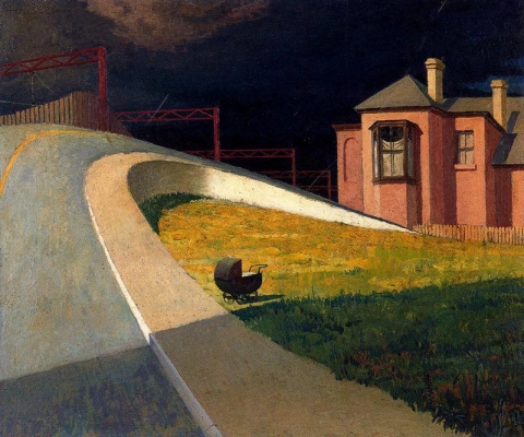 Jeffrey Smart se aproximando da tempestade pela ferrovia, 1955