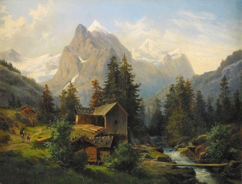 Johan Edvard Bergh Paesaggio montano con escursionisti e edificio del mulino