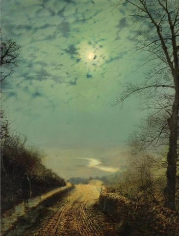 John Atkinson Grimshaw Una strada bagnata al chiaro di luna Wharfedale