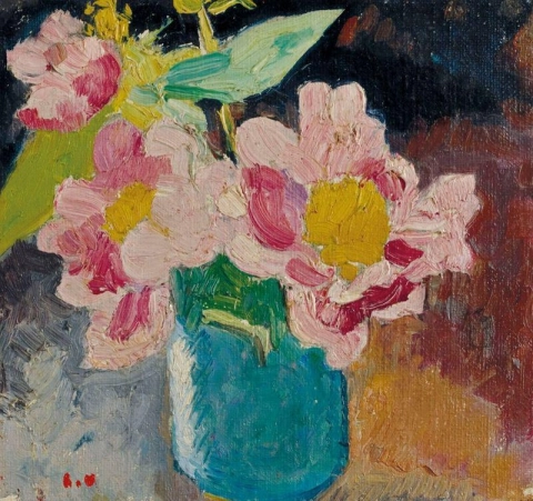 Louis Valtat, Fleurs roses aux cœurs jaunes, vase bleu