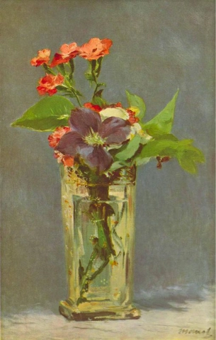 Carnations and Clematis in a Crystal Vase