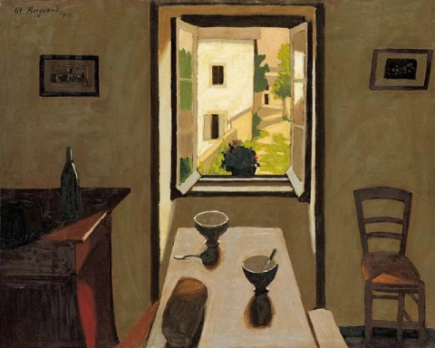 Marius Borgeaud, La mesa y los dos cuencos, flores y jarrón 1922