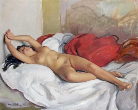 Maurice Ehlinger desnudo con colcha roja