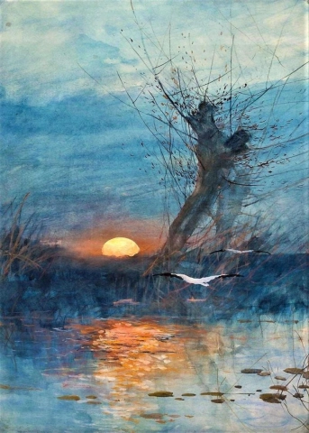 Maurice Hagemans Tramonto sopra lo stagno con le cicogne