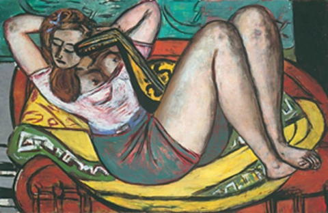 Max Beckmann kvinne med mandolin i gult og rødt 1950