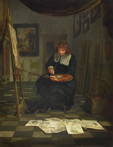 Michiel Van Musscher, taiteilija studiossaan piirustuksineen 1660-luvun puolivälissä