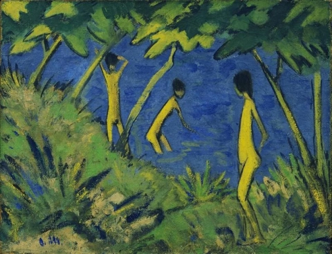 Otto Mueller, Landscape with Yellow Nudes, c. 1919