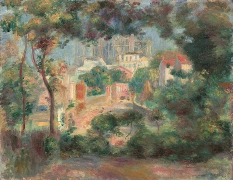 The gardens of Montmartre overlooking the Sacred Heart under construction