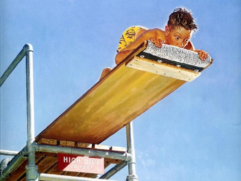 Большой трамплин для прыжков в воду - Мальчик ныряет с высоты