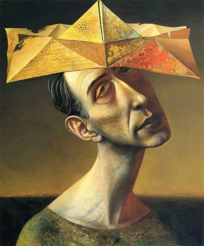 Rudolf Hausner gele narrenhoed 1974