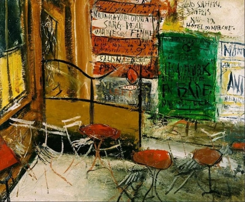 Saeki Yūzō, Caféterrasse mit Plakaten, 1927