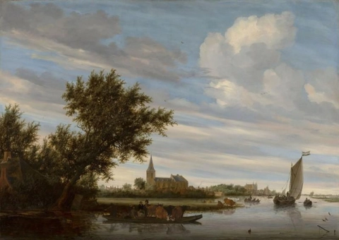 Salomon van Ruysdael, utsikt över floden med kyrka och färja, 1649