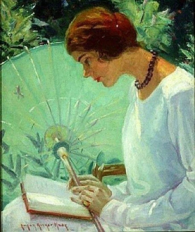 Susan Ricker Knox leser i hagen 1925