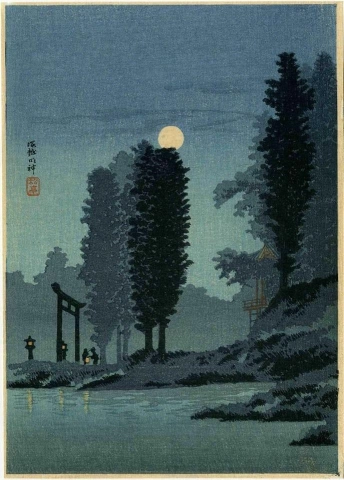 Takahashi Shotei sorgere della luna al Santuario Tsukagoshi Myojin 1936